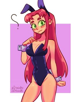 1girl :3 ? alternate_costume animal_ears bare_shoulders blush_stickers border breasts colored_sclera colored_skin commentary covered_navel dc_comics deadraisdead fake_animal_ears green_eyes green_sclera highres leotard long_hair looking_at_viewer orange_skin playboy_bunny rabbit_ears red_hair shiny_skin smile solo starfire strapless strapless_leotard tamaranean teen_titans white_border wrist_cuffs