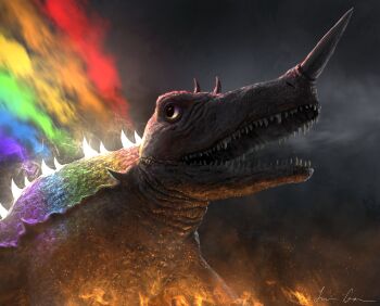 Rule 34 | absurdres, barugon, cloud, cloudy sky, daiei motion picture, electricity, embers, energy, energy beam, epic, fire, gamera (series), gamera vs. barugon, giant, giant monster, glowing, glowing spikes, highres, horns, kaiju, laser, lizard, luis garcia, monster, multicolored energy beam, night, no humans, open mouth, rainbow, rainbow death ray, sharp teeth, simple background, sky, smoke, spike beam, spikes, teeth, white electricity