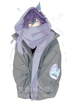 1boy animal_ears bat_ears blue_hair blue_scarf ceyce05e closed_eyes coat commentary_request covered_mouth cropped_torso facial_mark genshin_impact grey_coat long_sleeves male_focus ororon_(genshin_impact) scarf scarf_on_head solo twitter_username watermark