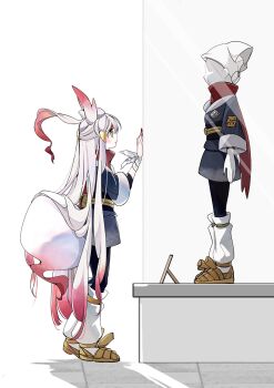 1girl akari_(pokemon) akari_(pokemon)_(cosplay) animal_ears black_sash blush closed_mouth cocoa_s3 cosplay display_case full_body galaxy_expedition_team_survey_corps_uniform grey_jacket headscarf highres hisuian_zorua jacket long_hair loose_socks mannequin museum nintendo pantyhose pokemon pokemon_legends:_arceus pokemon_legends:_z-a red_hair red_nails red_scarf sandals sash scarf shirt socks tail very_long_hair white_hair white_headscarf yellow_eyes