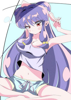 Rule 34 | 1girl, boxers, double bun, hair bun, highres, long hair, male underwear, pink eyes, purple hair, ranma 1/2, shampoo (ranma 1/2), shirt, sidelocks, simple background, tank top, underwear, white tank top