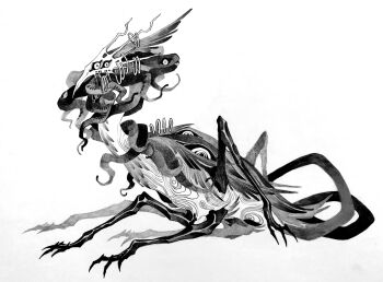 absurdres beak eldritch_abomination extra_eyes extra_legs feathers from_side full_body greyscale high_contrast highres horns monochrome monster monster_focus multiple_horns multiple_tails no_humans original simple_background solo tail talons tentacles white_background xiaoqiya05426