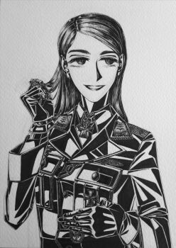 1girl black_gloves black_jacket bordfunker133 breast_pocket collar_tabs cross dress_shirt gloves greiner-chan_(bordfunker133) greyscale grin hand_in_own_hair herman_greiner highres iron_cross jacket jewelry lipstick long_hair long_sleeves looking_at_viewer makeup monochrome nazi nazi_party_pin original parted_lips pocket real_life shirt shoulder_boards simple_background smile solo swastika upper_body world_war_ii