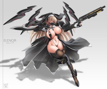 1girl akatsuki_akane black_gloves black_thighhighs breasts brown_hair commentary_request fingerless_gloves gloves grey_background gun highres holding holding_gun holding_weapon huge_breasts long_hair mask mecha_musume mouth_mask multicolored_hair navel nun original red_eyes red_hair showgirl_skirt slingshot_swimsuit solo streaked_hair swimsuit thighhighs trigger_discipline two-tone_hair weapon