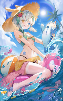 Rule 34 | 1girl, :q, absurdres, ball, bare shoulders, beachball, bikini, black bikini, blue eyes, blue hair, blue sky, blush, braid, breasts, chinese commentary, closed mouth, cloud, commentary request, commission, day, flower, hair flower, hair ornament, halterneck, hat, heterochromia, highleg, highleg bikini, highres, holding, innertube, ji guang xian yu, looking at viewer, multicolored hair, navel, no shoes, original, outdoors, palm tree, sarong, short hair, sitting, sky, small breasts, smile, solo, stomach, straw hat, streaked hair, sun, sun hat, swim ring, swimsuit, tattoo, thighhighs, tongue, tongue out, tree, underboob, virtual youtuber, water, white hair, white thighhighs, yellow eyes