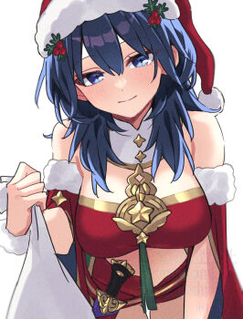 1girl bare_shoulders blue_eyes blue_hair breasts cape commentary dagger female_byleth_(fire_emblem) female_byleth_(frosty_professor)_(fire_emblem) fire_emblem fire_emblem:_three_houses fire_emblem_heroes fur-trimmed_cape fur-trimmed_headwear fur_trim hat hat_ornament highres holding holding_sack holly_hat_ornament knife large_breasts looking_at_viewer medium_hair midriff nintendo official_alternate_costume red_shorts red_tube_top sack santa_costume santa_hat shinae shorts strapless symbol-only_commentary thighs tube_top weapon