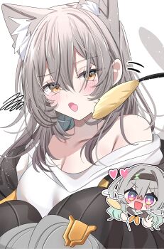 Rule 34 | 2girls, absurdres, animal ears, blush, brown eyes, cat ears, cat teaser, chibi, commentary request, firefly (honkai: star rail), grey hair, heart, highres, honkai: star rail, honkai (series), kemonomimi mode, long hair, multiple girls, open mouth, stelle (honkai: star rail), trailblazer (honkai: star rail), yuzukiyuno (yunmu g)