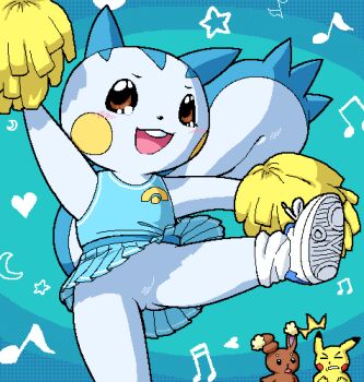 1girl 2others :3 animal animal_ears black_eyes black_sclera blue_background blue_dress blue_shoes blush brown_eyes brown_fur buck_teeth buneary cheerleader clenched_teeth closed_eyes colored_sclera crescent dress flat_chest furry g-sun gen_1_pokemon gen_4_pokemon heart loli looking_at_viewer mouse_(animal) multiple_others musical_note nintendo no_panties no_pussy open_mouth pachirisu pikachu poke_ball_print poke_ball_symbol pokemon pokemon_(creature) pom_pom_(clothes) print_dress rabbit shoes sleeveless sleeveless_dress smile sneakers socks squirrel squirrel_ears squirrel_girl squirrel_tail standing standing_on_one_leg star_(symbol) tail teeth white_fur white_socks wind wind_lift yellow_fur