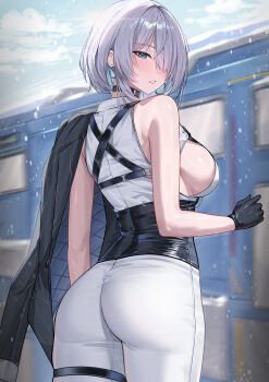 1girl absurdres ass backboob black_choker black_corset black_gloves blue_eyes blush breasts brid_(nikke) brid_(silent_track)_(nikke) chest_harness choker cloud collared_shirt colored_inner_hair commentary corset earrings from_behind gloves goddess_of_victory:_nikke hair_over_one_eye harness highres hoop_earrings jacket jacket_on_shoulders jewelry katrinabluuuuu large_breasts looking_back multicolored_hair outdoors pants parted_lips shirt sideboob sideless_shirt single_bare_shoulder snowing solo standing tight_clothes tight_pants train train_station white_hair white_pants