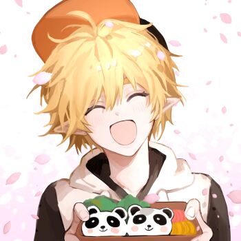 1boy :d ^_^ ahoge aotu_world baseball_cap black_hat blonde_hair blush box cherry_blossoms chinese_commentary closed_eyes facing_viewer falling_petals food hair_between_eyes hat holding holding_box hood hood_down hoodie kayu_(yukagoin) king_(aotu_world) lunchbox male_focus multicolored_hat multicolored_hoodie open_mouth petals pink_petals pointy_ears short_hair simple_background smile solo upper_body white_background white_hoodie