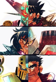 3boys beard benkei_kuruma black_eyes black_hair facial_hair getter_robo highres jin_hayato looking_at_viewer male_focus mecha multiple_boys nagare_ryoma portrait robot scar scar_on_face scar_on_nose science_fiction shin_getter-1 shin_getter-2 shin_getter-3 shin_getter_robo slllle1 smile split_screen super_robot white_background yellow_eyes