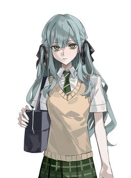 Rule 34 | 1girl, bag, bang dream!, bang dream! it's mygo!!!!!, black ribbon, blue hair, brown sweater vest, closed mouth, collared shirt, commentary request, cowboy shot, cruc1fixx, diagonal-striped clothes, diagonal-striped necktie, expressionless, green necktie, green skirt, hair ribbon, haneoka school uniform, highres, long hair, looking at viewer, necktie, plaid clothes, plaid skirt, ribbon, school bag, school uniform, shirt, short sleeves, sidelocks, simple background, skirt, solo, striped clothes, summer uniform, sweater vest, togawa sakiko, two side up, white background, white shirt, yellow eyes