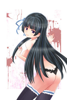 Rule 34 | 1girl, ass, black hair, black panties, black thighhighs, blunt bangs, breasts, corpse party, earrings, female focus, hair ribbon, jewelry, lace, lace panties, large breasts, light smile, lingerie, long hair, niwa aiko, panties, purple eyes, ribbon, shimantogawa, solo, thighhighs, topless female, underwear