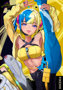1girl 1other absurdres armpits arms_up bandeau blonde_hair blue_hair blue_nails blue_pants canari_(pokemon) fta highres legs_up long_hair multicolored_hair navel nintendo pants pokemon pokemon_(creature) pokemon_legends:_z-a purple_eyes stomach tongue tongue_out twintails v yellow_bandeau yellow_nails
