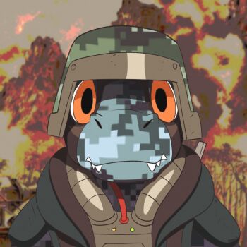 Rule 34 | 1boy, armor, artist request, commandramon, digimon, digimon (creature), digimon beatbreak, disgust, explosion, expressionless, fire, helmet, looking at viewer, meme, outdoors, pun, sharp teeth, soldier, teeth, thousand yard stare