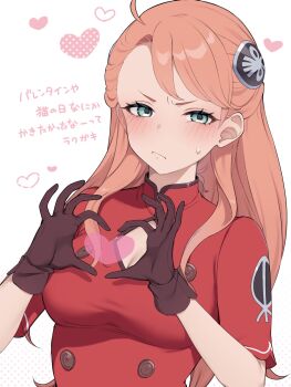 Rule 34 | 1girl, four-finger heart hands, aida rayhunton, aqua eyes, blush, breasts, campbell xx, cleavage, cleavage cutout, closed mouth, clothing cutout, commentary request, dress, gundam, gundam g no reconguista, hairpods, heart, heart hands, highres, large breasts, long hair, looking at viewer, orange hair, red dress, short sleeves, simple background, solo, sweat, translation request, upper body, v-shaped eyebrows, white background