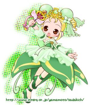 Rule 34 | 1girl, ankle strap, arm up, blonde hair, brown eyes, bun cover, chiffon (futagohime), choker, commentary request, detached sleeves, double bun, dress, frills, full body, fushigiboshi no futago hime, green dress, green shoes, green sleeves, hair bun, holding, holding wand, magic, open mouth, ringlets, shoes, short hair, smile, solo, standing, standing on one leg, tiara, wand, watermark, web address, wristband, yamamoto takeo, yellow choker