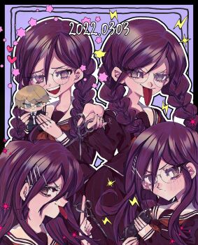 ahoge black_border black_outline blush border braid character_doll collared_shirt commentary_request danganronpa:_trigger_happy_havoc danganronpa_(series) danganronpa_another_episode:_ultra_despair_girls dated doll eyelashes fingernails fukawa_toko genocider_shou glasses hair_between_eyes hair_ornament hairclip heart heart-shaped_pupils highres holding holding_doll holding_scissors holding_stun_gun holding_weapon lightning_bolt_symbol long_hair long_sleeves mole mole_under_mouth multiple_girls multiple_persona neckerchief open_mouth outline purple_eyes purple_hair purple_shirt red_neckerchief rokusho_(sherry_momo) round_eyewear sailor_collar scissors shirt smile star_(symbol) symbol-shaped_pupils teeth togami_byakuya tongue tongue_out twin_braids twintails upper_teeth_only v-shaped_eyebrows weapon white_outline white_sailor_collar