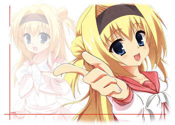Rule 34 | 1girl, :d, absurdres, arm at side, blonde hair, blue eyes, blush, border, bow, bowtie, chitose sana, commentary, cowboy shot, double bun, english text, hair between eyes, hair bun, hair intakes, hand up, happy, highres, index finger raised, long hair, looking at viewer, multiple views, open mouth, pink serafuku, pink shirt, pink skirt, pointing, pointing at viewer, red sailor collar, sailor collar, school uniform, serafuku, shirt, simple background, skirt, smile, sukonbu385, symbol-only commentary, tenshinranman, two side up, upper body, watermark, white background, white border, white bow, white bowtie