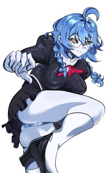 1girl agent_aika aika_(series) ascot ass back black_sclera black_skirt blue_hair braid colored_sclera cosplay delmo delmogeny_uniform glasses high_heels highres juliet_sleeves kicking long_sleeves panties pantyshot puffy_sleeves red_ascot skirt socks_agency standing striped_clothes striped_panties thighs turning_head twin_braids underwear yellow_eyes yomi_quinnley