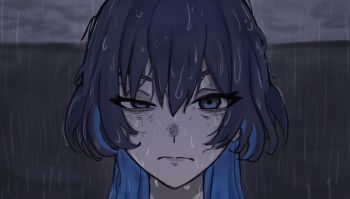 1girl absurdres black_hair blue_eyes blue_hair chainsaw_man closed_mouth frown highres hololive hololive_english long_hair looking_at_viewer multicolored_hair night ouro_kronii ouro_kronii_(4th_costume) outdoors rain reze's_eye_twitch_(chainsaw_man) scene_reference soapy_art solo two-tone_hair virtual_youtuber wet wet_hair