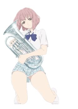 Rule 34 | 1girl, ankle socks, blue bow, blue bowtie, blue skirt, bob cut, bow, bowtie, brown eyes, dress shirt, earrings, full body, gluteal fold, hibike! euphonium, highres, instrument, jewelry, koe no katachi, kyoto animation, light blush, looking at viewer, medium hair, nishimiya shouko, pink hair, plaid clothes, plaid skirt, pleated skirt, shirt, skirt, socks, solo, tanaka29556626, tareme, tuba, white background