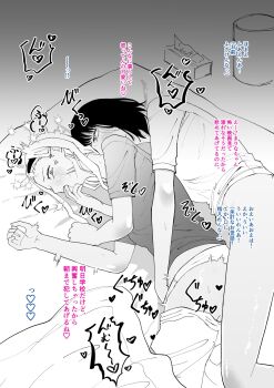 2girls anger_vein blush bottomless commentary_request finger_in_another&#039;s_mouth fingering futon greyscale hairband haribarashino highres kirarazaka_marina kuze_shizuka long_hair lying monochrome multiple_girls on_side panties panty_pull reach-around saliva scar scar_on_face shirt short_sleeves sweat takopii_no_genzai tissue_box underwear yuri