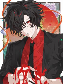 1boy absurdres axiang217 black_hair black_jacket black_necktie blazer blood blood_on_face blood_on_hands border chinese_commentary collared_shirt commentary_request eyepatch hair_over_one_eye head_tilt highres jacket lapels looking_at_viewer male_focus necktie notched_lapels ooe_(game) outside_border red_eyes red_ribbon red_shirt ribbon shinbashi_(ooe) shirt smile solo sweatdrop teeth tie_clip upper_body white_border