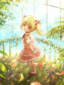 1girl :d absurdres arms_behind_back blonde_hair bow bowtie commentary_request dress frilled_dress frills full_body hair_bow highres looking_at_viewer medium_hair nene_man open_mouth original pink_dress red_bow red_bowtie red_eyes red_shoes shoes short_sleeves smile socks solo standing standing_on_one_leg twintails white_socks wrist_cuffs