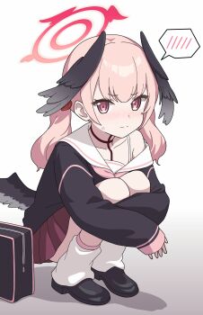 Rule 34 | 1girl, absurdres, armpit crease, black bag, black shirt, black shoes, black wings, blue archive, blush, closed mouth, collarbone, feathered wings, full body, halo, head wings, highres, hugging own legs, koharu (blue archive), korean commentary, long hair, long sleeves, looking at viewer, loose socks, low wings, neckerchief, nose blush, pink eyes, pink hair, pink halo, pink neckerchief, pleated skirt, red halo, red skirt, sailor collar, school uniform, shirt, shoes, simple background, single bare shoulder, single off shoulder, single tear, skirt, sleeves past wrists, socks, solo, speech bubble, spoken blush, squatting, twintails, vector (dmlddmld00), white background, white sailor collar, white socks, winged halo, wings