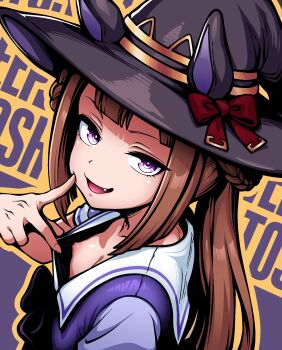 Rule 34 | 1girl, absurdres, alkaid exec, animal ears, bow, braid, braided hair rings, breasts, brown hair, character name, clothes pull, commentary, english commentary, fang, finger to cheek, from side, hair rings, hat, hat bow, highres, horse ears, horse girl, long hair, looking at viewer, nipples, open mouth, outline, purple background, purple eyes, purple shirt, sailor collar, school uniform, shirt, shirt pull, sidelocks, small breasts, smile, solo, sweep tosho (umamusume), text background, tracen school uniform, twintails, umamusume, white sailor collar, witch hat, yellow outline