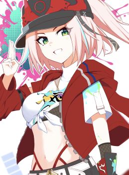 1girl absurdres amakuchi_raisu asymmetrical_sleeves baseball_cap belt black_hat black_shorts blue_hair breasts bridal_gauntlets cowboy_shot crop_top fishnet_bridal_gauntlets fishnet_top fishnets green_eyes grin hand_up hat highres honkai:_star_rail honkai_(series) hood hood_down hooded_jacket horned_hat jacket kuji-in light_blush long_hair looking_at_viewer medium_breasts midriff multicolored_hair navel open_clothes open_jacket pink_hair ponytail rappa_(honkai:_star_rail) red_jacket shirt short_sleeves shorts sidelocks smile solo standing streaked_hair teeth tied_shirt uneven_sleeves unzipped white_background white_belt white_shirt wrist_belt zipper zipper_pull_tab