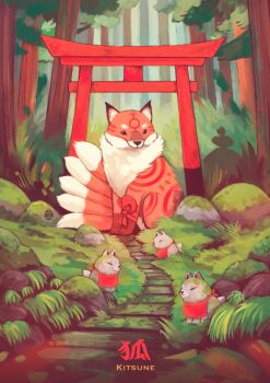 animal animal_focus artist_name bow branch commentary ellievsbear english_commentary english_text forest fox grass kitsune looking_at_viewer nature no_humans original outdoors path plant ribbon road rock scenery signature sitting solid_circle_eyes torii tree