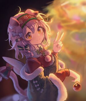 1girl absurdres animal_ears arknights backlighting blurry blurry_background blush braid braided_sidelocks breasts cat_ears cat_girl cat_tail christmas christmas_ornaments commentary english_commentary goldenglow_(arknights) goldenglow_(maiden_for_the_bright_night)_(arknights) hair_ornament hair_ribbon hairband hairclip highres ky_dako medium_breasts medium_hair official_alternate_costume pink_hair ribbon smile solo tail upper_body v yellow_eyes
