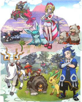 2boys 2girls adaman_(pokemon) akari_(pokemon) alpha_pokemon anklet ariga_hitoshi bandaged_arm bandages bare_shoulders bare_tree basculegion basculegion_(male) black_hair blonde_hair blue_eyes blue_hair blue_jacket bracelet brown_eyes celestica_flute closed_eyes cloud collarbone commentary crossed_arms crystal english_commentary eyebrow_cut eyelashes fangs flute galaxy_expedition_team_survey_corps_uniform gen_4_pokemon glaceon grass green_hair hairband hat headscarf highres hisuian_decidueye hisuian_growlithe hisuian_samurott holding holding_flute holding_handlebar holding_instrument instrument irida_(pokemon) jacket jewelry leafeon log long_hair luxio medium_hair multicolored_hair multiple_boys multiple_girls mushroom music nintendo official_art open_clothes open_jacket open_mouth outdoors playing_instrument pokemon pokemon_(creature) pokemon_legends:_arceus red_eyes red_hairband red_hat red_scarf red_shirt red_shoes rei_(pokemon) riding riding_pokemon scarf shinx shirt shoes short_hair shorts sitting sky smile springy_mushroom_(pokemon) standing third-party_source tongue tongue_out tree two-tone_hair ursaluna water white_headscarf white_shorts wyrdeer yellow_eyes