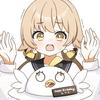 Rule 34 | 1girl, black bow, black sailor collar, blonde hair, blue archive, blush, bow, collarbone, commentary request, hair between eyes, hair bow, happy birthday, hifumi (blue archive), highres, long hair, long sleeves, looking down, low twintails, missing halo, motion lines, open mouth, petako (ptpt k), sailor collar, shirt, sidelocks, simple background, solo, sweat, teeth, twintails, upper body, upper teeth only, white background, white shirt, yellow bow, yellow eyes