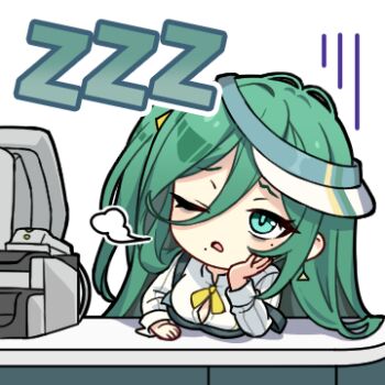 Rule 34 | 1girl, breasts, cash register, commentary, d;, employee uniform, english commentary, gloom (expression), hair between eyes, large breasts, long sleeves, lowres, mole, mole under eye, mole under mouth, neck ribbon, official art, one eye closed, open mouth, portia (stella sora), puff of air, ribbon, shirt, simple background, sleepy, solo, stella sora, transparent background, white shirt, yellow ribbon, zzz