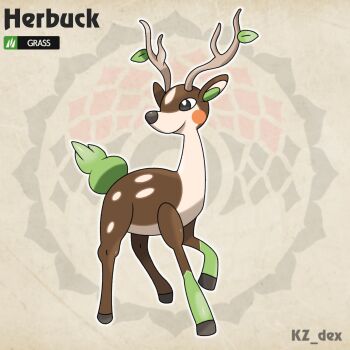 Rule 34 | abstract background, antlers, artist name, brown fur, character name, deer, deer antlers, english text, fakemon, green tail, highres, horns, inkfernape, looking to the side, nintendo, no humans, original, pokemon, pokemon (creature), solo, sugimori ken (style)