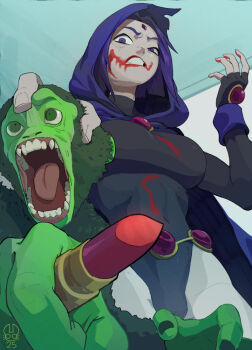 1boy 1girl anger_vein angry annoyed beast_boy_(dc) belt black_hood black_leotard cosmetics curvy dc_comics green_eyes green_fur green_hair highleg highleg_leotard hood jewelry leotard lipstick lipstick_mark lipstick_mark_on_face lipstick_tube makeup matchattea monkey open_mouth purple_eyes purple_hair raven_(dc) screaming sharp_teeth teeth tongue veins wide_hips