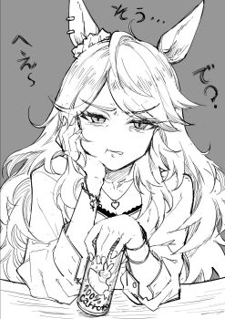 1girl alternate_costume animal_ear_piercing animal_ears annoyed bracelet can collarbone commentary commentary_request elbows_on_table furrowed_brow gold_city_(umamusume) grimace hand_on_own_head heart heart_necklace highres holding holding_can horse_ears jewelry long_hair looking_at_viewer monochrome necklace scrunchie shiro3necro shirt solo table translation_request umamusume