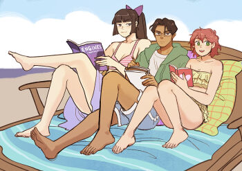 1boy 2girls barefoot bikini book bow dark-skinned_male dark_skin edward_hargrieve glasses hair_bow hikaru_(sframboob) hime_cut hood hoodie long_hair multiple_girls ollie_(sframboob) original ponytail sframboob shirt short_hair shorts sitting sketch swimsuit t-shirt very_short_hair