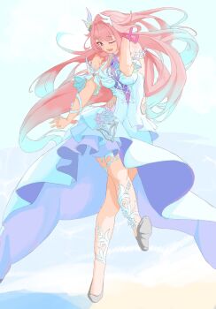 1girl aqua_hair breasts commentary_request cyrene_(honkai:_star_rail) cyrene_(ripples_of_past_reverie)_(honkai:_star_rail) dress full_body gradient_hair high_heels highres honkai:_star_rail honkai_(series) long_hair medium_breasts meng_hui_wu_hen multicolored_hair one_eye_closed open_mouth pink_hair purple_eyes solo two-tone_hair very_long_hair white_dress