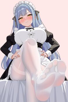 1girl absurdres apron artist_name bang_dream! bang_dream!_it's_mygo!!!!! bed bed_sheet black_dress black_ribbon blue_hair blush breasts buttons closed_mouth collared_dress commentary_request crossed_legs dress feet foreshortening frilled_dress frilled_headwear frills from_below frown hair_ribbon hand_on_own_hip hand_on_own_thigh highres large_breasts legs long_hair long_sleeves looking_at_viewer maid maid_apron maid_headdress on_bed pantyhose pink_background ribbon simple_background sitting sleeves_past_wrists soles solo sweatdrop thighband_pantyhose thighs toe_seam toes togawa_sakiko two_side_up very_long_hair weitaming_c white_apron white_headdress white_pantyhose yellow_eyes