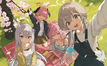 Rule 34 | 4girls, :d, ahoge, alternate costume, angel wings, arm under breasts, arm up, azusa (blue archive), bag, bento, black wings, blanket, blue archive, blue jacket, blush, bow, bra strap, braid, breasts, brown hair, brown skirt, cardigan, cardigan partially removed, casual, cherry blossoms, closed eyes, closed mouth, collarbone, commentary, crescent halo, crossed bangs, cup, disposable cup, dress, drinking straw, feathered wings, flower, food, fruit, grass, green eyes, hair between eyes, hair bow, hair flower, hair ornament, halo, hanako (blue archive), hand on own face, hand up, head rest, head wings, hifumi (blue archive), highres, holding, holding cup, jacket, kekek, kneeling, koharu (blue archive), large breasts, long hair, long sleeves, looking at viewer, low twintails, low wings, lying, make-up work club (blue archive), multiple girls, off-shoulder shirt, off shoulder, on blanket, on stomach, open cardigan, open clothes, open jacket, open mouth, outdoors, picnic, pinafore dress, pink flower, pink hair, pink halo, purple eyes, red halo, selfie, shirt, shrimp, shrimp tempura, skirt, sleeveless, sleeveless dress, smile, sushi, teeth, tempura, tree, twintails, untranslatable commentary, upper teeth only, v, white bag, white bow, white dress, white hair, white shirt, white wings, wing hair ornament, wing ornament, winged halo, wings, yellow cardigan, yellow eyes, yellow halo