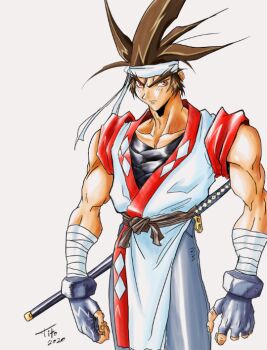 Rule 34 | 1990s (style), 1boy, battle arena toshinden, brown hair, eiji shinjo, fingerless gloves, gloves, headband, japanese clothes, katana, kimono, muscular, muscular arms, red eyes, retro artstyle, simple background, sword, toushinden, weapon, yukata