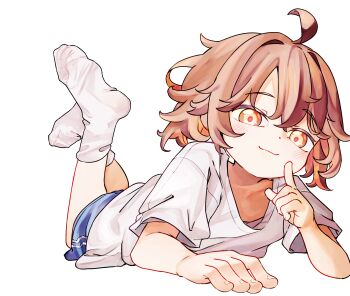 1girl blue_shorts brown_eyes brown_hair chaosexceed commentary downblouse english_commentary feet_up highres lying on_stomach original paid_reward_available shirt short_hair short_shorts short_sleeves shorts simple_background socks soles solo the_pose toes white_background white_shirt white_socks