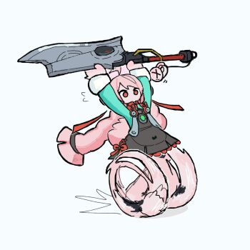 1girl afterimage ahoge animal_ears braid braided_twintails charm_(object) chinese_clothes commentary english_commentary full_body furry furry_female green_shirt highres holding holding_sword holding_weapon kba_000 long_hair medallion motion_lines no_mouth no_pupils pink_fur pink_hair pink_tail rabbit_ears rabbit_girl rabbit_tail red_eyes running shirt short_tail simple_background solo sword tail weapon white_background zenless_zone_zero zhao_(zenless_zone_zero)