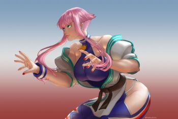 Rule 34 | 1girl, artist name, bare shoulders, belt, blue eyes, breasts, gradient background, groping motion, karate, large breasts, lips, manon legrand, narakushichu, pink hair, smile, street fighter, street fighter 6