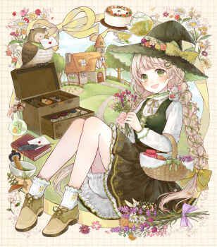 1girl :d animal animal_on_shoulder apple basket beak_hold bird blonde_hair bloomers blush book bottle bow bowl braid braided_twintails brown_shoes cabinet cake chimney cup door dot_nose fence floral_print floral_print_skirt floral_print_socks floral_print_vest flower food fruit full_body garden grass green_hair green_hat green_ribbon green_skirt green_vest grid_background hair_bow hair_flower hair_ornament hair_vines hairpin hat hat_bow hat_flower high_collar holding holding_book holding_flower house inset_border jam knees_up letter long_hair long_sleeves looking_at_viewer mouse_(animal) mouth_hold mushroom neck_ribbon open_mouth original outside_border owl petticoat pink_flower potion print_skirt purple_flower quill red_flower ribbon ribbon_border saucer shirt shoelaces shoes sitting skirt smile socks solo stone_walkway striped_bow teacup teapot tententuyu tree twintails underwear vest vial white_bloomers white_flower white_shirt white_socks window witch witch_hat wooden_fence yellow_bow yellow_ribbon