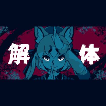 1girl animal_ears extra_ears fox_ears fox_girl gloves hat island_fox_(kemono_friends) jacket kemono_friends kemono_friends_v_project long_hair looking_at_viewer microphone midoribox necktie pixel_art ribbon shirt simple_background solo twintails upper_body virtual_youtuber